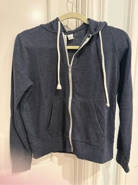 H&M Men's Navy Zip-Up Hoodie with White Drawstrings
